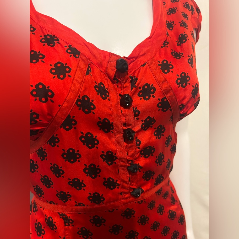 Rare Vintage Marc Jacobs Sz 6 100% Silk Red FloralPuff Sleeve Midi Dress Retro - Picture 2 of 9